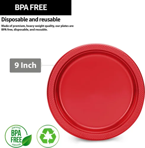 Miniatura 2 de Platos de plástico rojos de la colección Hanna K. Signature, redondos de 9 pulgadas, 50 unidades – Platos desechables resistentes para cenas