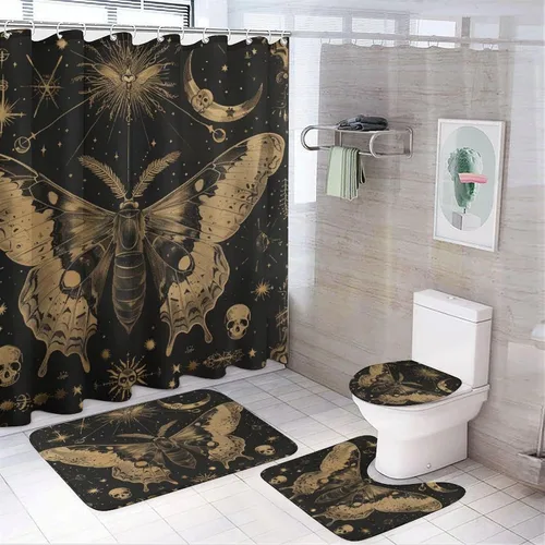 Miniatura 9 de Juego de 4 cortinas de ducha retro de estrella y luna, decoración de baño, cortina de ducha gótica de Halloween, mariposa aterradora con alfombra
