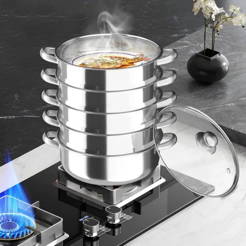 Miniatura 9 de Olla vaporera de acero inoxidable de 5 niveles de 11 pulgadas, olla apilable multiusos con tapa de vidrio a prueba de explosiones, asas duraderas