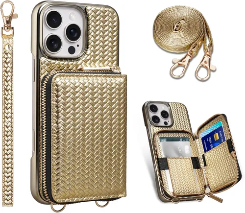 Miniatura 14 de Funda tipo cartera para iPhone 15 de 6.1 pulgadas, bolso cruzado con cremallera y correa para la muñeca con cordón para mujer, tarjetero con bloqueo