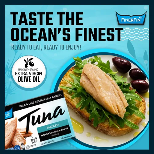 Miniatura 2 de FinerFin Filetes de atún amarillo ahumado en aceite de oliva orgánico (paquete de 12) Atún enlatado premium en aceite de oliva extra virgen
