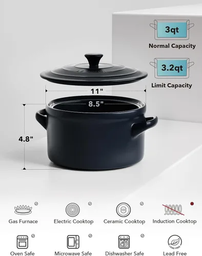 Miniatura 5 de LE TAUCI Horno Holandés de Cerámica de 3 Cuartos - Liviano, No Tóxico, No Necesita Curado - Apto para Horno, Microondas y Lavavajillas, Olla Azul