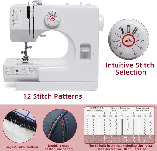 Miniatura 4 de Mini máquina de coser eléctrica para principiantes, máquina de coser portátil para niños y adultos, luces integradas, 12 puntadas y costura inversa