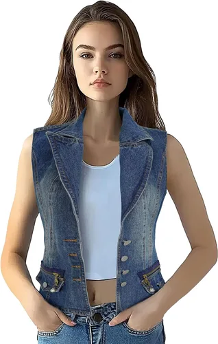 Miniatura 2 de Chaleco de mezclilla con solapa para mujer, chaleco con botones, chaleco azul