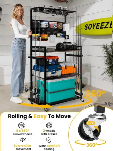 Miniatura 5 de SOYEEZE Soporte para caña de pescar para garaje, resistente soporte para caña de pescar de 4 niveles con capacidad para hasta 12 cañas con tablero
