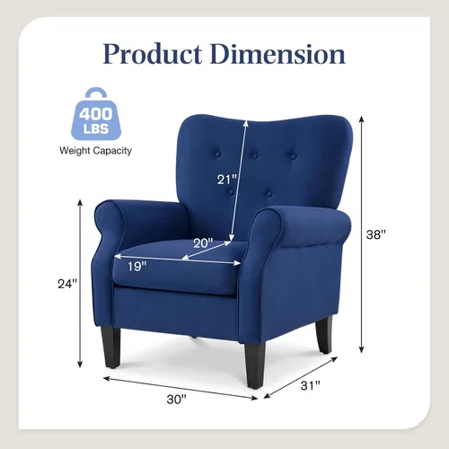 Miniatura 3 de YOLENY Silla decorativa moderna, sillón de respaldo alto, sofá individual tapizado con botones de tela con patas de madera para sala de estar, Azul