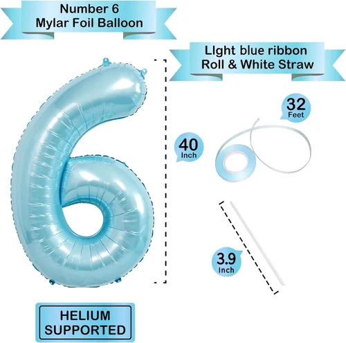 Miniatura 3 de Globos de números azul claro de 40 pulgadas, globos de aluminio de Mylar con helio para cumpleaños, globo número 6 para decoración de fiestas