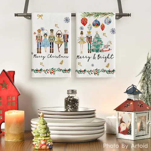 Miniatura 2 de Artoid Mode Toallas de Cocina de Navidad con Nueces, Bolas de Navidad y Árboles, Toallas de Mano con Copos de Nieve, Decoración Feliz Navidad, Juego