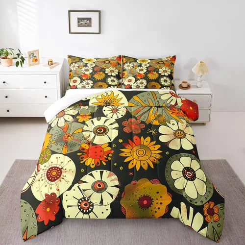 Ropa de cama Groovy para niños, tamaño individual, edredón de flores psicodélicas retro de los años 70, estilo bohemio, exótico, hippie, estilo