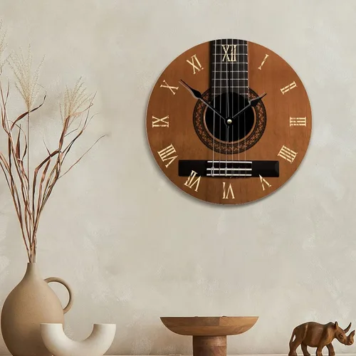Miniatura 2 de Reloj de pared con aspecto de madera natural, reloj de pared de guitarra acústica, silencioso, redondo, de madera, funciona con pilas, reloj