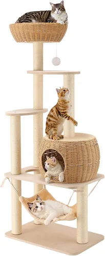 Miniatura 8 de Moderno árbol de ratán para gatos, torre de escalada alta y resistente con poste rascador, cesta, cama y soporte para gatos adultos grandes
