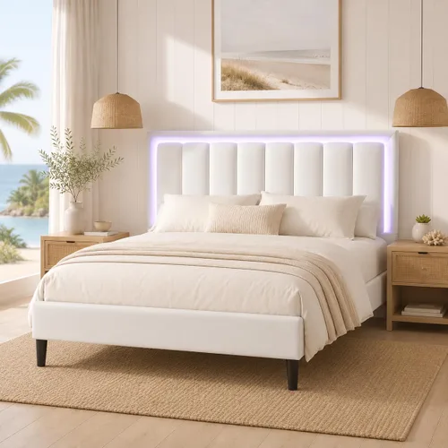 Miniatura 12 de IMMERSTABLE Marco de cama tamaño completo, marco de cama tapizado con luces LED, cama de plataforma con cabecero, soporte de listones de madera
