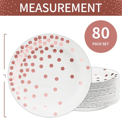 Miniatura 2 de DYLIVeS 80 platos de papel de oro blanco y rosa, de 7 pulgadas, con lunares metálicos, desechables, platos de fiesta de postre, suministros