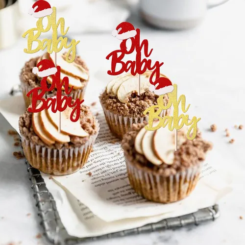 Miniatura 4 de Rsstarxi Paquete de 24 Adornos para Cupcakes Oh Baby de Navidad con Purpurina, Sombreros de Navidad, Palillos para Cupcakes de Baby Shower para Baby