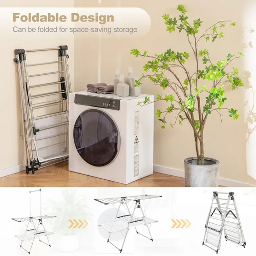 Miniatura 4 de Tangkula Estante de secado de ropa plegable, estante de secado de ropa de 2 niveles con barra colgante alta, ala de gaviota ajustable en altura