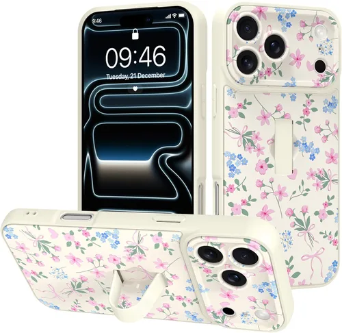 Funda diseñada para iPhone 17 Pro Max con soporte plegable y correa para dedos, bonito patrón de lazo de corazón de flor rosa para mujeres y niñas,