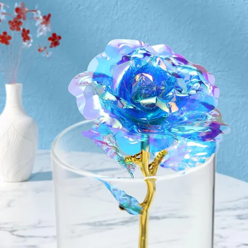 Miniatura 7 de Lyrow 12 rosas de galaxia con tallos, regalo para ella, rosa de cristal falsa preservada de 24 quilates para decoración de cumpleaños, boda, 10 Azul