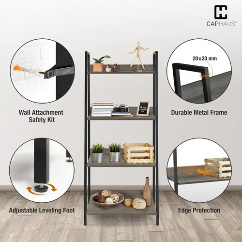 Miniatura 5 de CAPHAUS Estantería de Escalera de 4 Niveles, Estante Independiente de 24 Pulgadas de Ancho, Estantería Librero de Almacenamiento Organizador, Gris