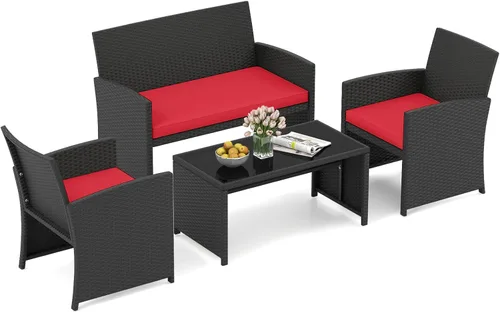 Miniatura 27 de HAPPYGRILL Juego de 4 muebles de mimbre para exteriores con mesa de centro de vidrio templado, cojines suaves, juego de sillas de ratán resistentes
