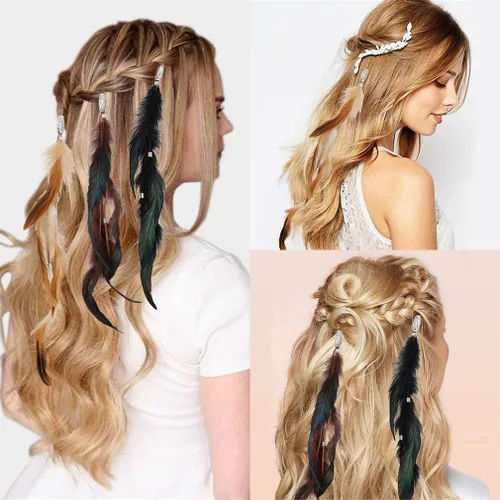 Miniatura 7 de Pinzas para el pelo de plumas, extensiones hippie hechas a mano con peine de clip, tocado de cuentas trenzadas tribales - 6