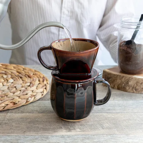 Miniatura 6 de Asayu Japan Juego de cafetera de cerámica para verter café en marrón chocolate, soporte de filtro de papel de preparación lenta y gotero con 3