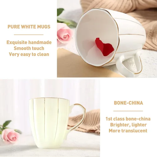 Miniatura 4 de DUJUST Juego de 4 tazas de café (13.5 onzas), diseño británico de lujo con adornos dorados hechos a mano, juego de tazas de porcelana blanca