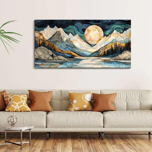 Miniatura 2 de JEAWA Arte de Pared en Lienzo Grande - Pintura Abstracta de 24x48 Pulgadas en Tela, Imágenes Texturizadas de Montañas como Regalos para Amigos