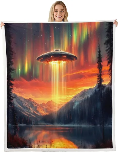 Miniatura 38 de Manta de franela de alienígena, misteriosa nave espacial estrellada con purpurina y planetas de cielo para decoración de habitaciones, manta