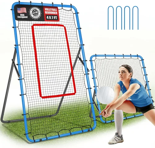 Sistema de red de rebote de voleibol 2 en 1, ajustable de 7 x 4 pies a 4 x 4.5 pies, red de rebote de 4 ángulos, equipo de entrenamiento para Azul