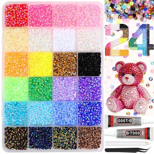 FULZTEY Kit de diamantes de imitación de resina para deslumbrar 24 colores, gemas de uñas de parte trasera plana de 0.118 pulgadas (0.118 in), gema
