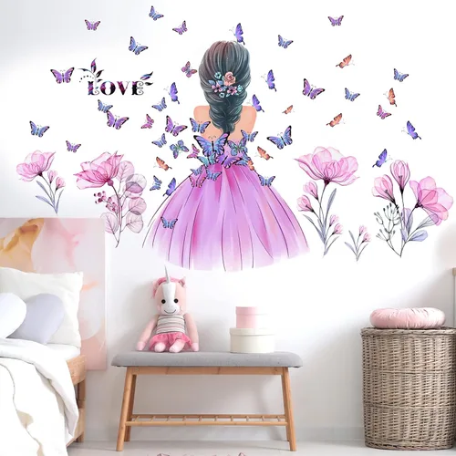 Miniatura 3 de Pegatinas de pared de mariposa para niña, calcomanía de pared de hada de flores, papel tapiz floral rosa, mariposas coloridas, bricolaje, arte