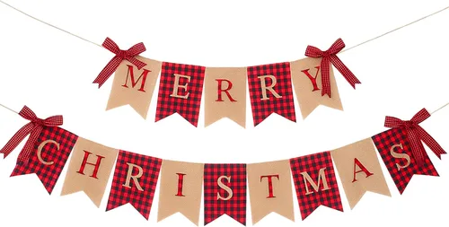 Tatuo Merry Christmas Banner Xmas Burlap Bunting Garland Christmas Decorations for Fireplace Chimney Wall Tree Party Indoor Outdoor Party Office