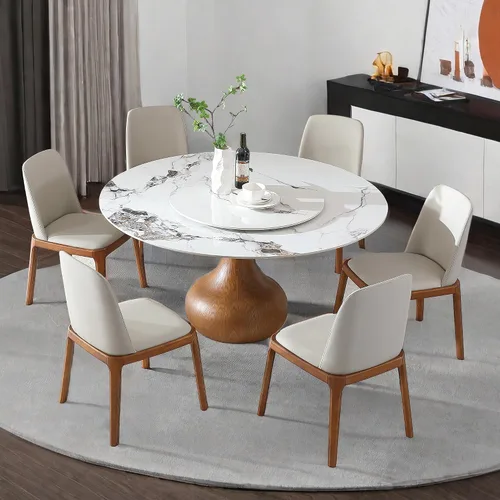 Miniatura 12 de Juego de mesa de comedor redonda de 9 piezas, moderna mesa de cocina de piedra sinterizada de 59 pulgadas con plato giratorio redondo de 31.5