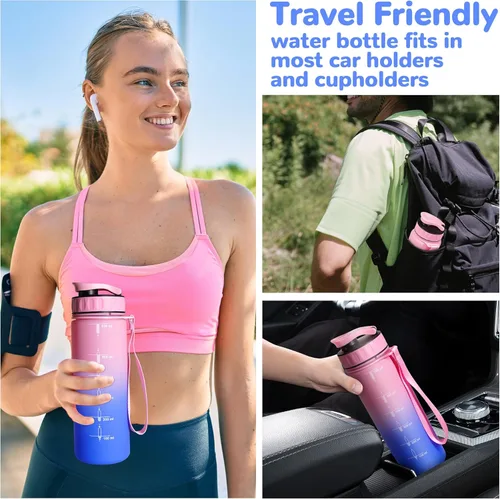 Miniatura 6 de Botella de agua grande con marcador de tiempo motivacional, jarra de agua con asa, botella deportiva transparente para gimnasio, campamento, 22oz