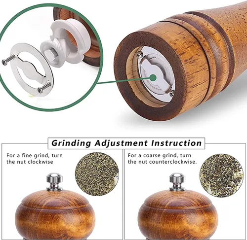 Miniatura 8 de Juego de 2 molinillos de sal y pimienta de madera de 8 pulgadas, molinillo de sal ajustable de madera de roble, mecanismo de molienda de cerámica
