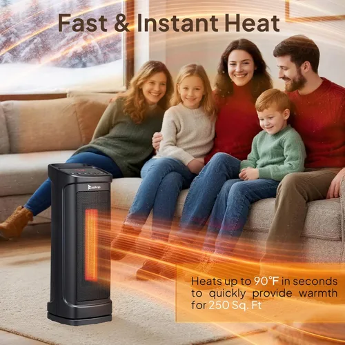Miniatura 2 de ROVSUN - Calentador de espacio eléctrico de 17''H con control remoto, calentador de torre portátil con oscilación de 70°, temporizador, termostato