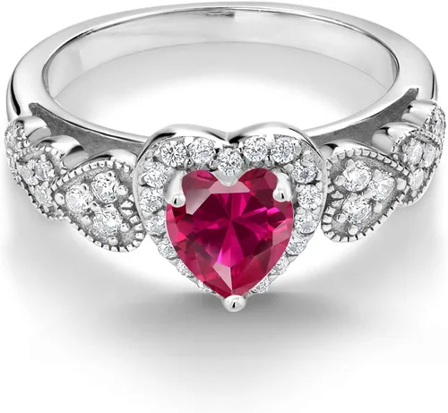 Miniatura 3 de Gem Stone King Anillo de compromiso de plata de ley 925 con rubí rojo creado para mujer