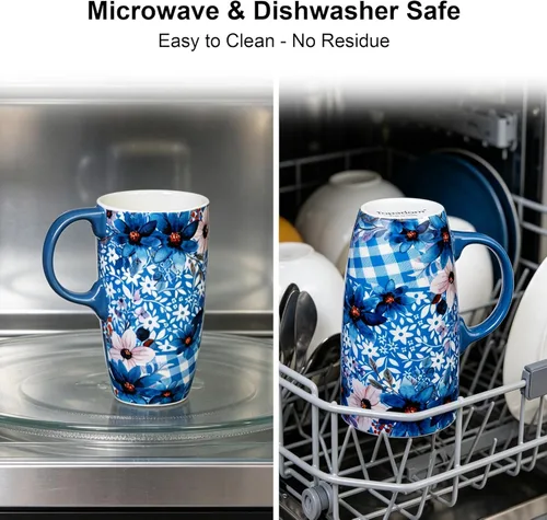 Miniatura 3 de Taza de viaje de cerámica Topadorn con asa y tapa deslizante resistente a salpicaduras, adecuada para café y té, apta para microondas y Azul