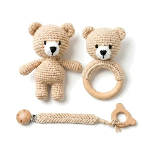 Juguete de sonajero orgánico de oso de ganchillo para bebé, juego de regalo hecho a mano para recién nacido con mordedor y soporte para chupete,
