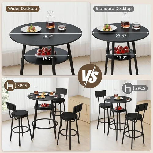 Miniatura 5 de Zevemomo Juego de mesa redonda de bar de 4 piezas de 28.9 pulgadas, juego de 3 taburetes de bar, mesa de bar de cocina negra, mesa de desayuno