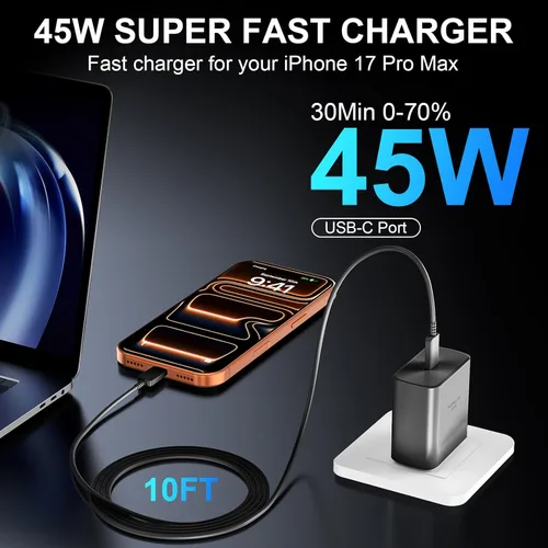 Miniatura 4 de Cargador para iPhone 17 16 Pro Max de carga rápida, 45W USB C Cargador súper rápido bloque con cable de carga tipo C de 3.05m para iPhone 17 Pro