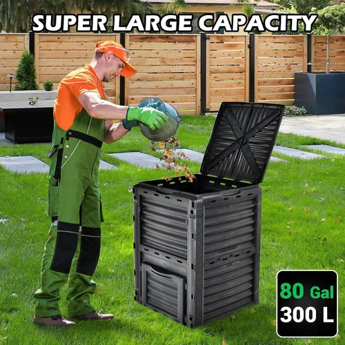 Miniatura 4 de Happygrill Contenedor de compostaje para exteriores, caja de compostaje con tapa superior con pestillo, compostador de 80 galones para desechos