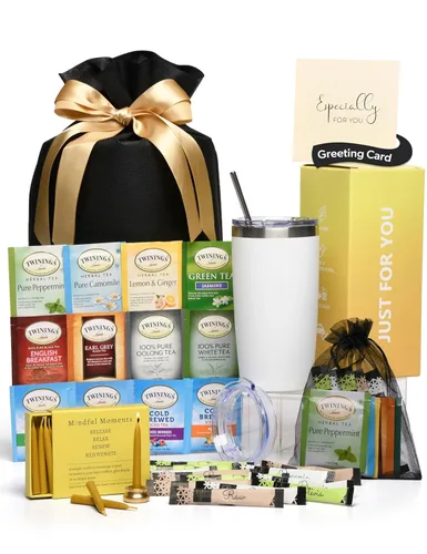 Cesta de regalos para amantes del té - Set de regalo incluye velas, taza de retención de temperatura, 12 bolsitas de té de mezcla especial y