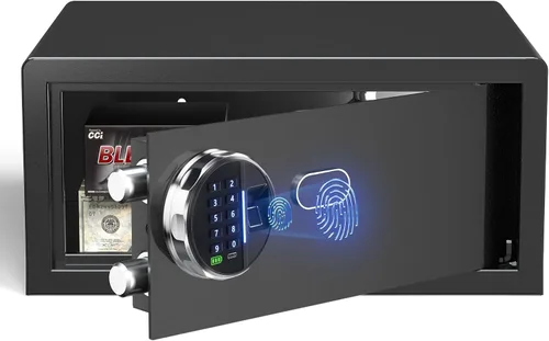 Miniatura 8 de Caja de seguridad biométrica Grimtron - (1.13 pies cúbicos) Caja de seguridad para el hogar con huella dactilar y modo silencioso, teclado
