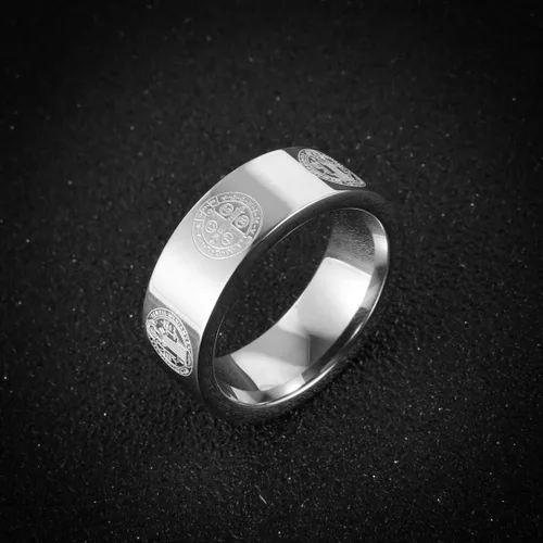 Miniatura 4 de HZMAN Anillo de 0.315 in de San Benito para hombre, acero inoxidable, retro, católico, romano, exorcismo, protección cruz, regalo de joyería