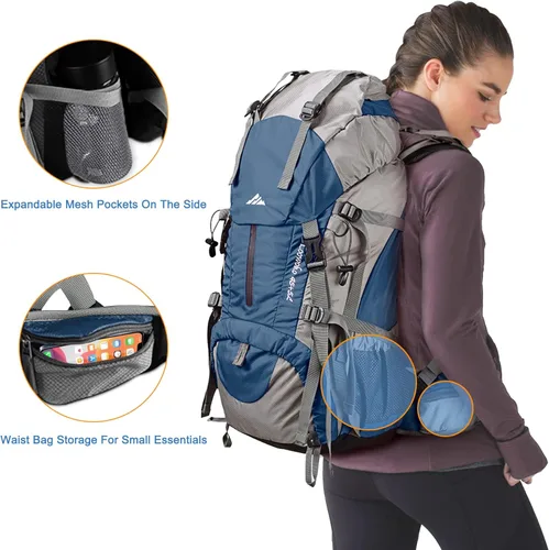 Miniatura 5 de Mochila Loowoko de 50 l para senderismo, impermeable, con cubierta para la lluvia, mochila esencial para acampar, mochila ligera de 45 + 5 litros