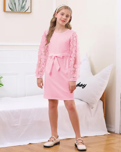 Miniatura 3 de ALISISTER Vestido formal de malla transparente de manga larga para niñas de 7 a 14 años