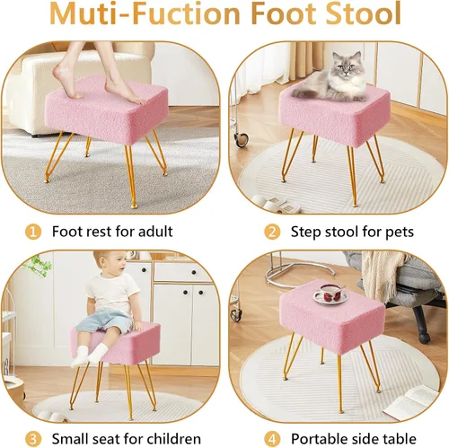 Miniatura 4 de Taburete de terciopelo de peluche, reposapiés otomano, mesa auxiliar pequeña, con 4 patas de metal, taburete moderno, pies antideslizantes