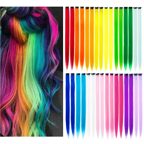 Miniatura 16 de 16 piezas de extensiones de cabello con clip de color púrpura, varios colores, para fiestas, clip en postizo sintético, para Halloween, cosplay