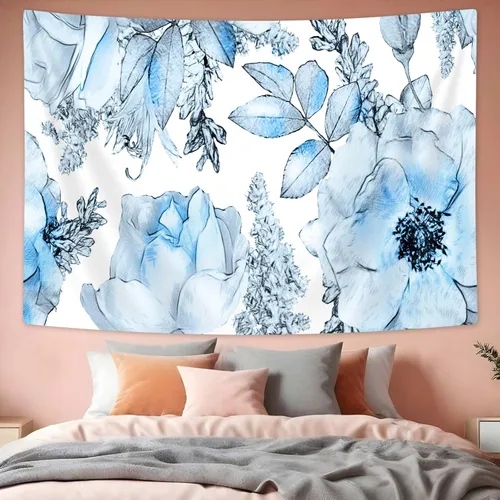 Miniatura 5 de SAOLUIS Tapiz floral, tapiz de flores azules, tapiz estético floral de acuarela, tapiz floral de poliéster, flores bohemias para colgar en la pared